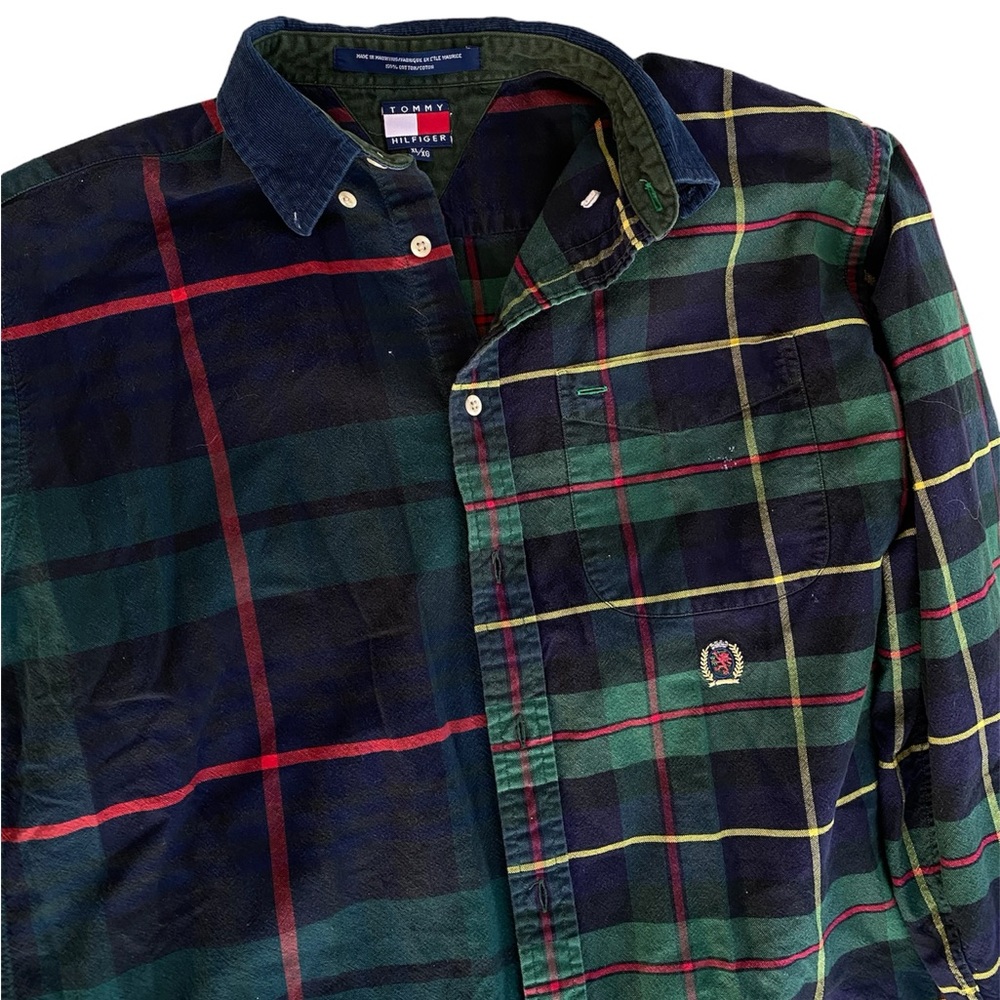Vintage Tommy Hilfiger Plaid Button Down w. Crest & Corduroy Collar